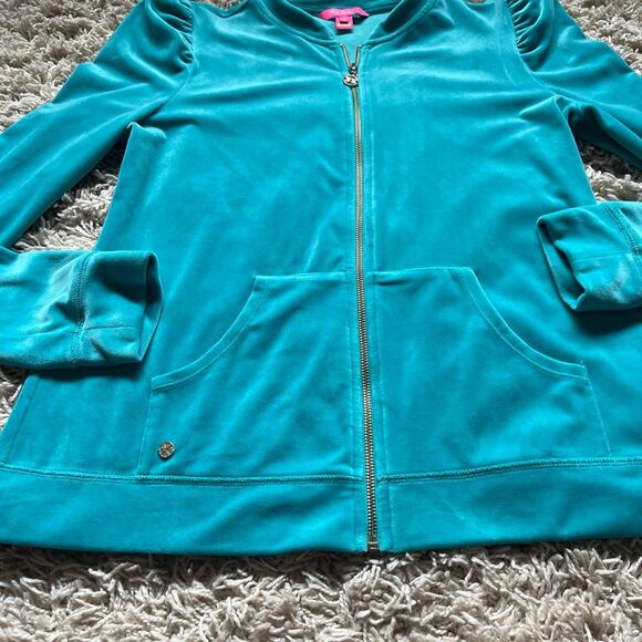 Lilly Pulitzer Jacket Women M Teal Velour Full Zip Puff Sleeve W Pockets - Picture 5 of 12
